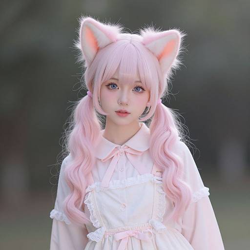 Photograph of a young woman with pink hair, cat ears, blue eyes, and a white frilled dress, standing outdoors.