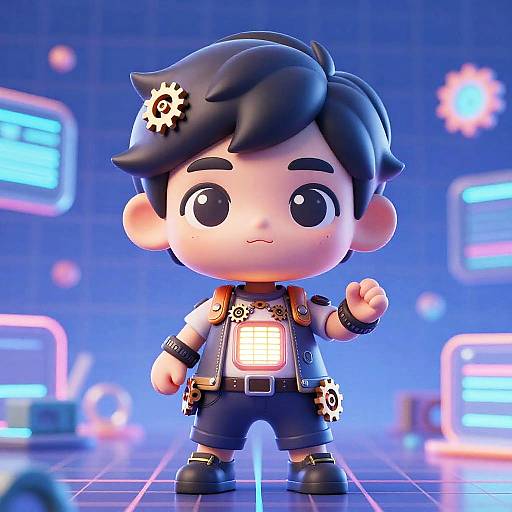 Chibi-style CGI character with black hair, gear on hat, cyberpunk vest, and belt, standing in a neon-lit grid background.