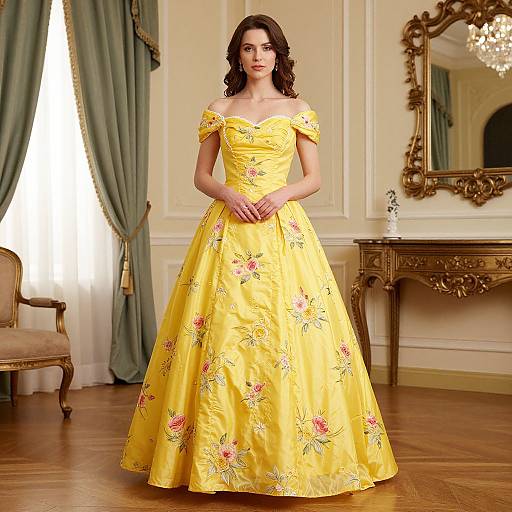 Photograph of a woman with wavy brown hair wearing an off-shoulder, yellow floral ball gown, standing in an elegant room with green curtains