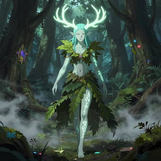 Digital fantasy artwork of a glowing, blue-skinned elf with antler horns, wearing a leafy skirt, standing in a misty, dark forest