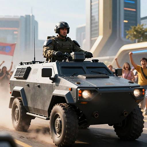 Photograph: Armed soldier in tactical gear drives a rugged, armored vehicle through a bustling city street, with cheering bystanders in the background. Urban skys