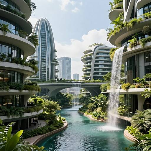 Photograph of a futuristic urban scene with curved, green-roofed buildings, a central waterfall, and a glass bridge over a blue, plant-lined