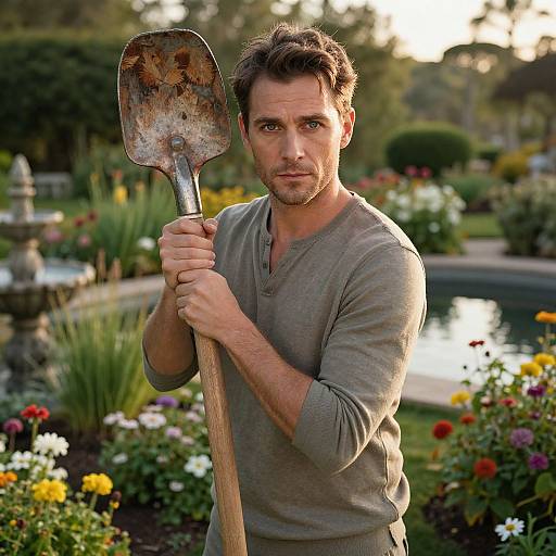 Photograph of a handsome, bearded man with short brown hair, wearing a gray V-neck shirt, holding a rusty shovel in a colorful, sun