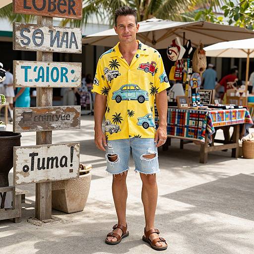 Photograph of a smiling man in a bright yellow Hawaiian shirt with car and palm tree prints, ripped denim shorts, and sandals, standing in a sunny