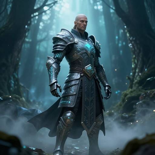 Photorealistic CGI image of a bald, muscular man in detailed, glowing blue-embossed medieval armor standing in a misty, dark forest.