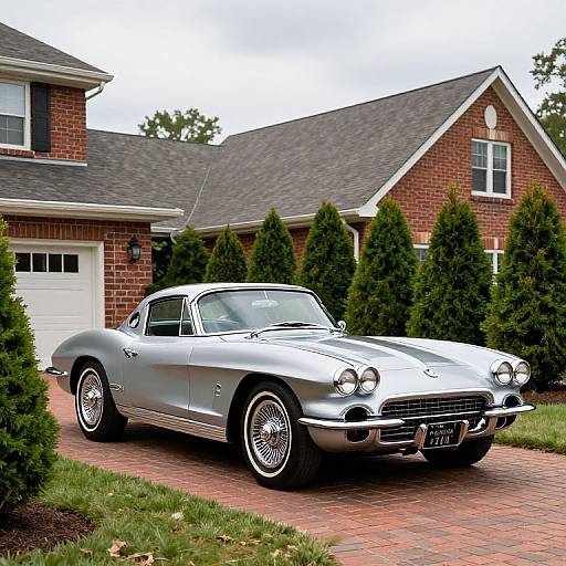 Photograph of a silver classic 1960s Chevrolet Corvette parked on a red-brick driveway in front of a brick suburban house with neatly trimmed ever