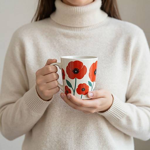 Woman with Poppy Mug in Cream Jumper