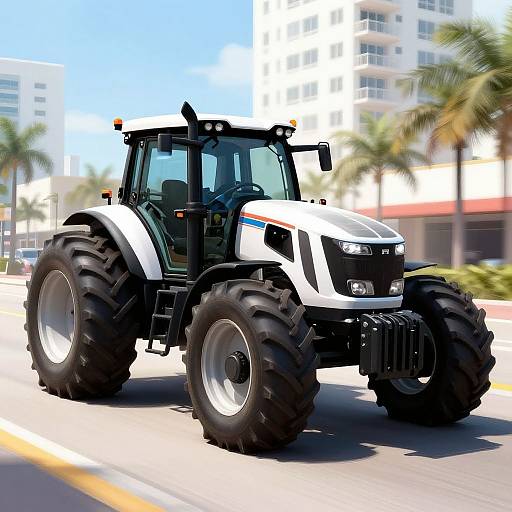 Photograph of a white, large-tired John Deere tractor with black accents, driving on a sunny urban street with palm trees and modern buildings in