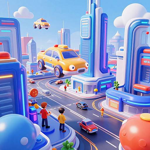 Bright, colorful digital illustration of a futuristic city with flying cars, yellow taxis, and small humanoid figures on a busy intersection.