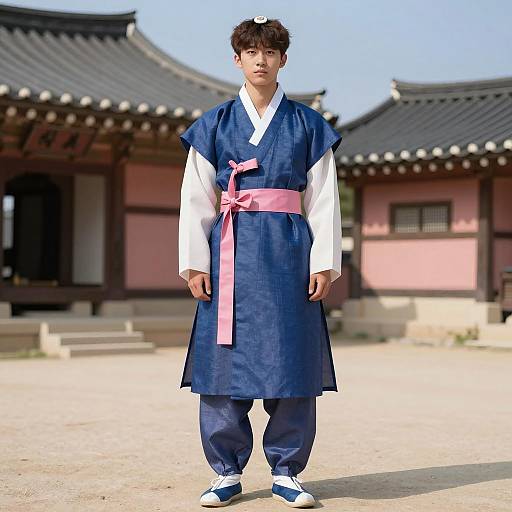 Young Man Wearing Blue Korean Hanbok