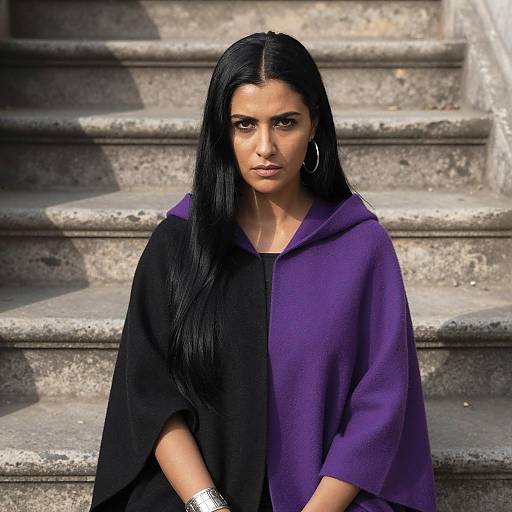 Mysterious Woman in Cloak on Stone Steps