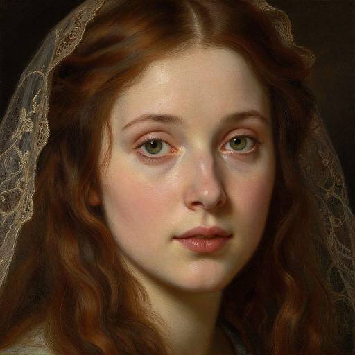 Digital portrait of a young woman with fair skin, green eyes, and long red hair, wearing a lace veil, gazing softly.