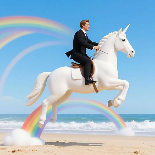 Photograph of a man in a black suit riding a white unicorn on a sunny beach with a vivid rainbow in the background.