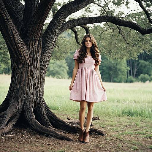 Young Woman in Pink Dress Standing by Large Tree
