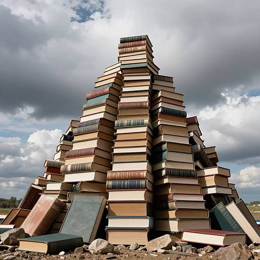 Photograph of a towering stack of old, colorful books with varying sizes, leaning against a cloudy sky backdrop, surrounded by rocks.