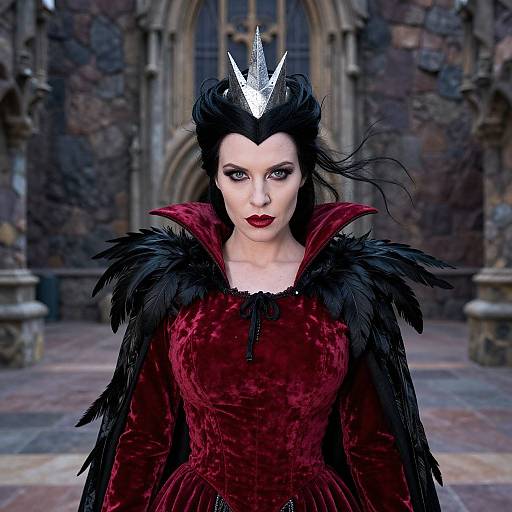 Photograph of a pale-skinned woman with black hair and red lips, wearing a red velvet gown with black feathered shoulders, and a silver crown