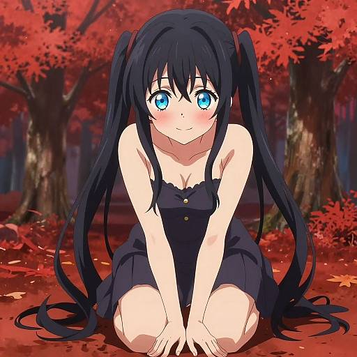 Anime-style digital drawing of a cute girl with long black twin-tails, blue eyes, and a black dress, kneeling on a red-leafed