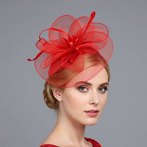 Photograph of a fair-skinned woman with red hair, wearing a vibrant red, intricate mesh fascinator with flower-like design, against a plain gray
