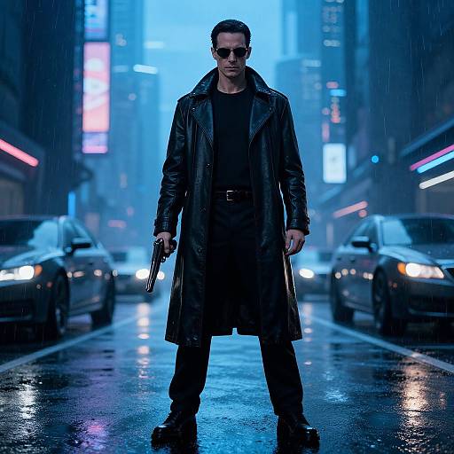 Photograph-style CGI of a man in a black leather trench coat and sunglasses, holding a gun, standing in a rain-soaked, neon-lit