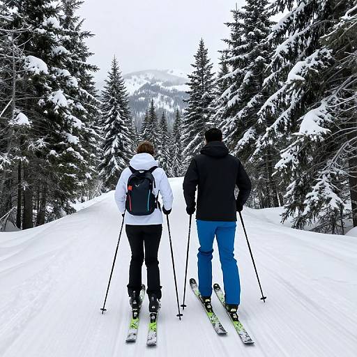 Photograph of two people cross-country skiing through a snowy forest; one in white jacket and black pants, the other in black jacket and blue pants.