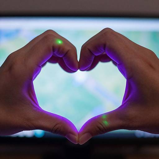 Photograph of two hands forming a heart shape with green glowing fingers against a bright, blurred blue background.
