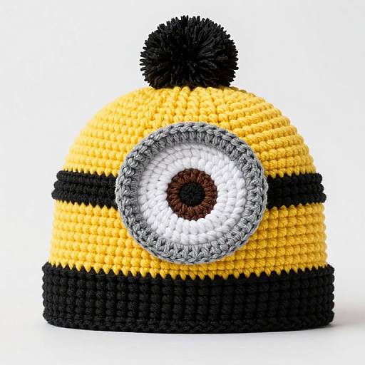 Photograph of a handmade yellow and black crochet beanie with a large gray and white circular button detail and black pom-pom.