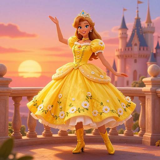 Digital illustration of Princess Daisy from Super Mario, in a yellow floral dress, yellow boots, and tiara, waving on a castle balcony at sunset.