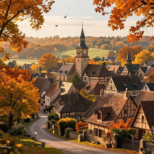 Photograph of a quaint, sunlit, autumn village with half-timbered houses, a clock tower, winding road, and vibrant orange foliage