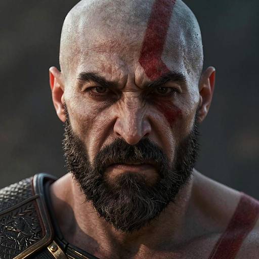 Photorealistic close-up of a bald, bearded man with a red scar running from his forehead to his nose, wearing armor, against a dark