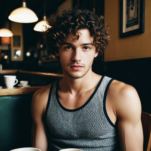 Young man with curly hair in café