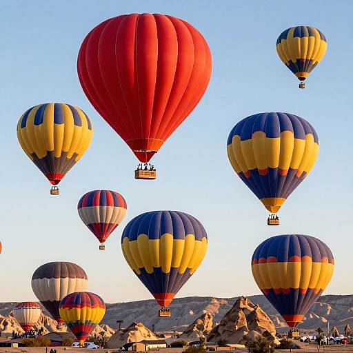 Photograph of colorful hot air balloons, including a large red one and several striped yellow and blue ones, floating over rocky landscape under clear blue sky at