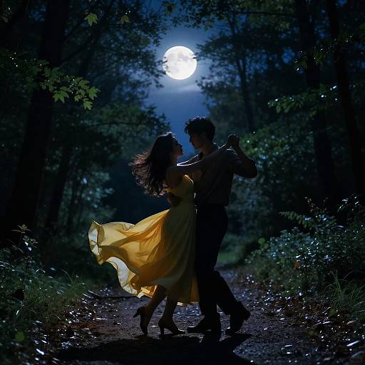 Silhouetted couple dancing under a full moon in a dark, lush forest. The woman's yellow dress flows, contrasting with the man's dark