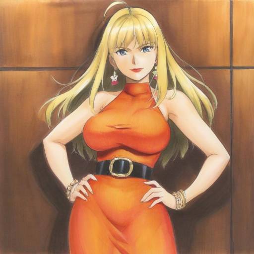 Photograph of an Asian woman with long black hair, wearing an orange dress with a high slit, large silver belt, and red earrings, standing against