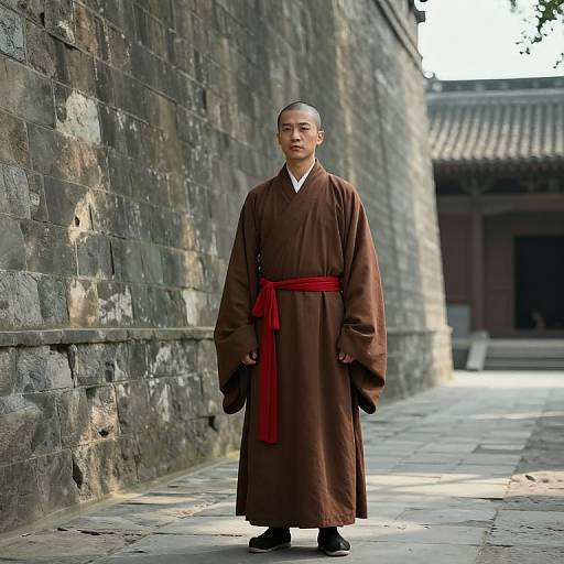 Contemplative Figure by Ancient Wall