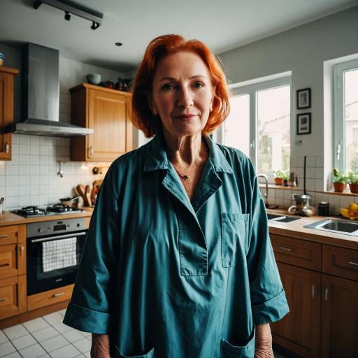 Red-Haired Elderly Woman in Blue Smock in Modern Kitchen