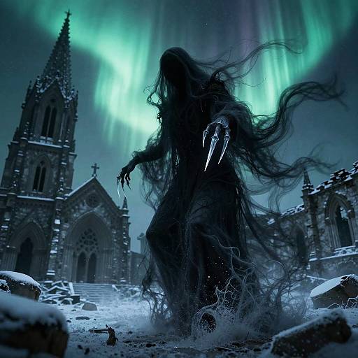 Ethereal Wraith Above Frozen Aurora Ruins