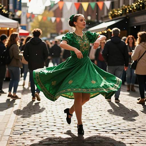 Photograph of a fair-skinned woman with dark hair in a green vintage dress, dancing on a sunlit cobblestone street, surrounded by festive