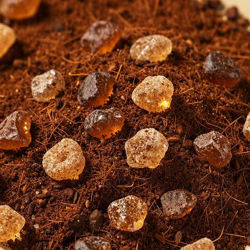 Close-up photograph of sparkling, golden-brown sugar crystals scattered on dark, textured soil, highlighting their glistening, rough surfaces.