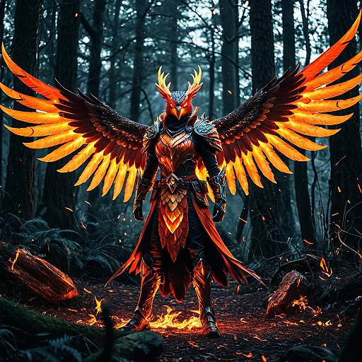 Anthropomorphic Phoenix Ranger with Fiery Wings in Enchanted Forest