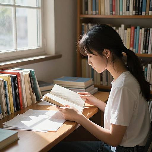 Photograph of an Asian woman with black hair in a ponytail, wearing a white t-shirt, reading a book in a sunlit library, surrounded