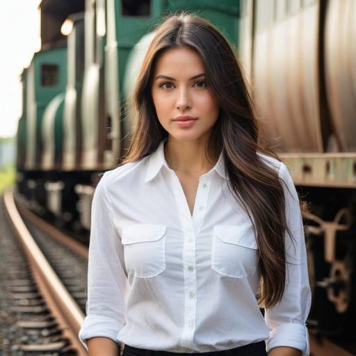 Young woman standing by train tracks