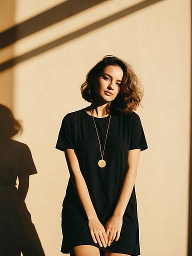 Woman in Black T-Shirt Dress with Pendant Necklace