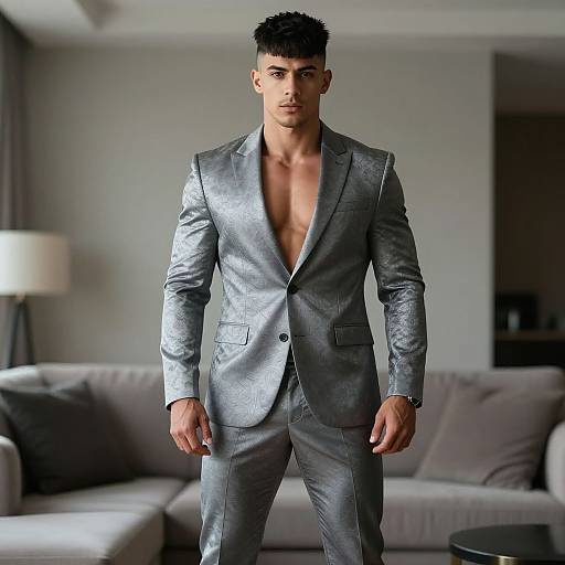 Photorealistic CGI of a handsome, muscular man with short black hair, wearing a metallic gray, open-front suit, standing in a modern living room