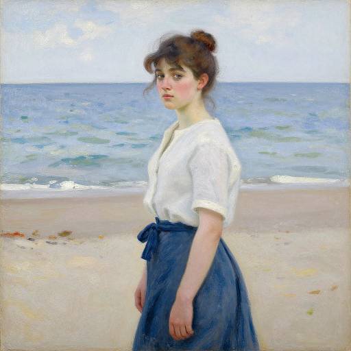 Impressionist painting of a young woman with fair skin, brown hair in a bun, wearing a white blouse and blue skirt, standing on a beach
