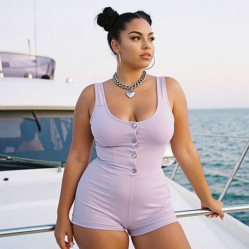 Photograph of a curvy, Latina woman with dark hair in a bun, wearing a light pink, button-up romper and silver necklace, standing