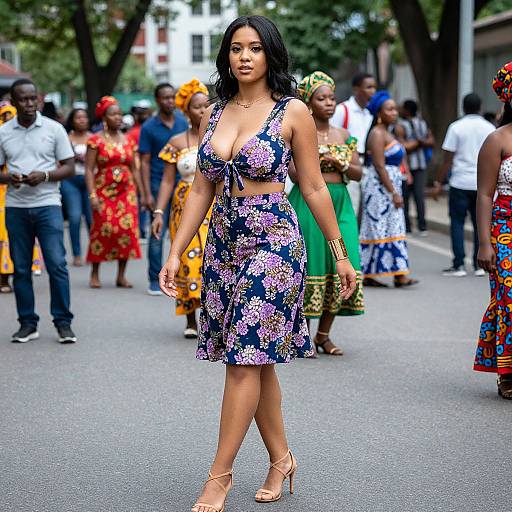 Photograph of a confident Black woman with medium brown skin, wearing a floral navy blue dress with a deep V-neck, walking in a vibrant street parade