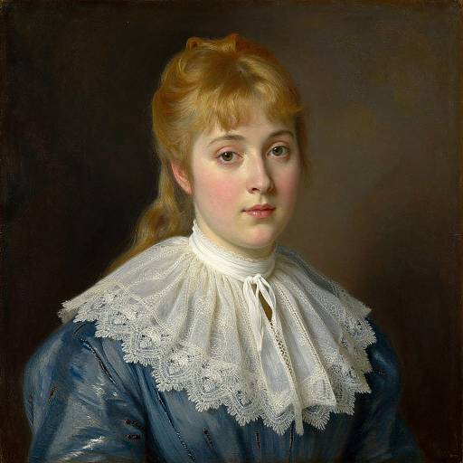 Oil painting of a young Caucasian woman with fair skin, light brown hair, and blue eyes, wearing a blue dress with a white lace ruff,
