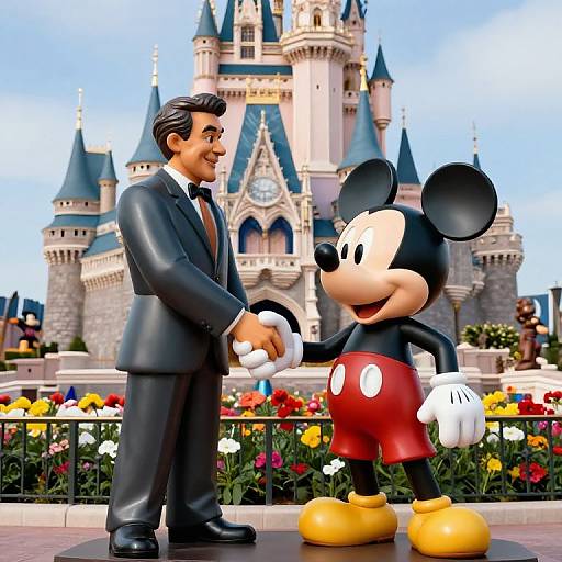 CGI image of a smiling man in a black suit shaking hands with Mickey Mouse in front of a colorful Disney castle.