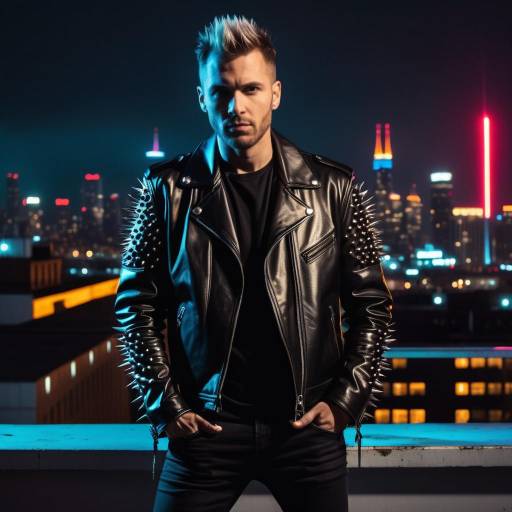 Man in Spiked Leather Jacket at Night City Rooftop