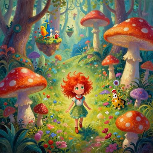 Colorful digital illustration of a red-haired girl in a green dress, surrounded by giant red mushrooms, vibrant flowers, and whimsical forest creatures in a